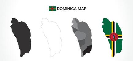 Detailed Dominica Map Collection with Outline, Silhouette, Parishes, and Flag Overlay Variations vector