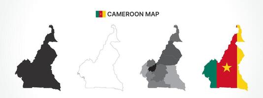 Detailed Cameroon Map Collection with Outline, Silhouette, Regions, and Flag Overlay Variations vector