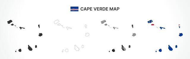 Detailed Cape Verde Map Collection with Outline, Silhouette, Islands, and Flag Overlay Variations vector