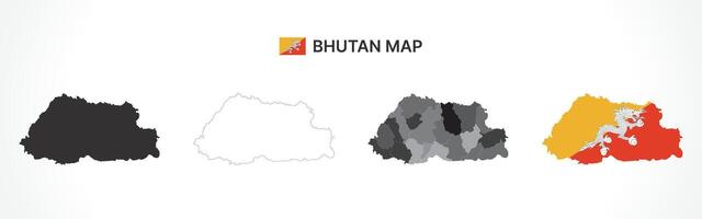 Detailed Bhutan Map Collection with Outline, Silhouette, Districts, and Flag Overlay Variations vector