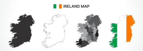 Detailed Ireland Map Collection with Outline, Silhouette, Counties, and Flag Overlay Variations vector