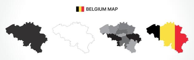 Detailed Belgium Map Collection with Outline, Silhouette, Provinces, and Flag Overlay Variations vector