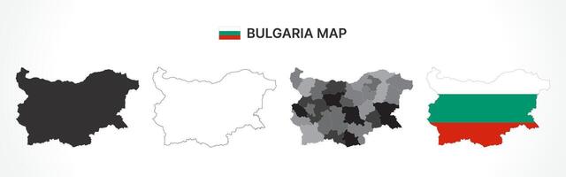 Detailed Bulgaria Map Collection with Outline, Silhouette, Provinces, and Flag Overlay Variations vector