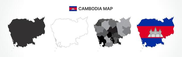 Detailed Cambodia Map Collection with Outline, Silhouette, Provinces, and Flag Overlay Variations vector