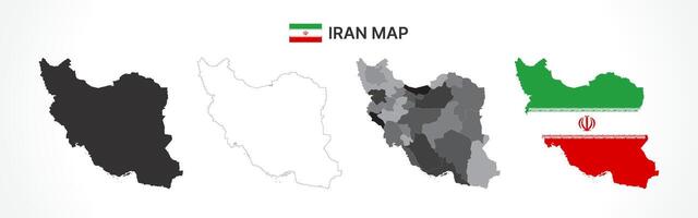 Detailed Iran Map Collection with Outline, Silhouette, Provinces, and Flag Overlay Variations vector