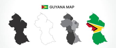 Detailed Guyana Map Collection with Outline, Silhouette, Regions, and Flag Overlay Variations vector