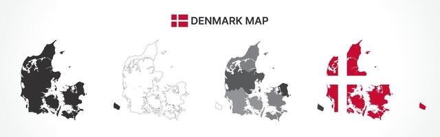 Detailed Denmark Map Collection with Outline, Silhouette, Regions, and Flag Overlay Variations vector