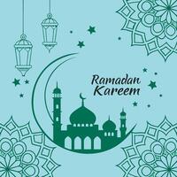 Ramadan kareem greeting card with mosque and lanterns vector