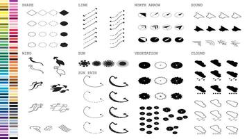 isometric architecture site analysis symbol icon element drawing graphic flat isolated . architecture element line sun sound sun path vegetation. vector