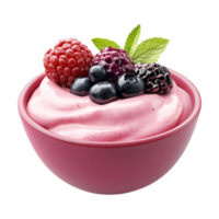 a bowl of yogurt with berries and mint leaves on a transparent background png