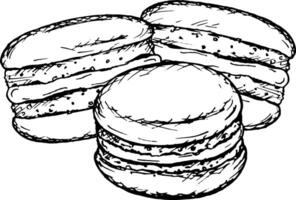 Black and white illustration of three macarons, drawn in a detailed sketch style. Ideal for confectionery, bakery branding, menu design, Valentine s Day or festive decorations. Perfect for card, label vector