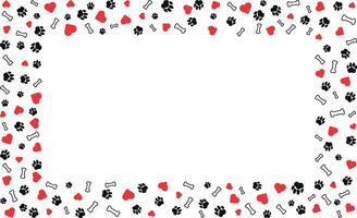 Rectangular frame with pet paw prints and bone and red heart with blank space for text. Black silhouette track of dog or cat paw prints. Pet paw prints frame for decorating shop windows, websites vector