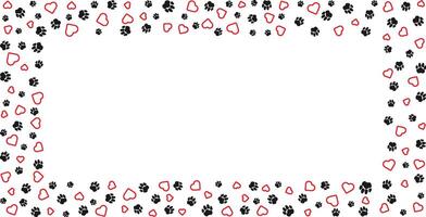 Rectangular frame with pet paw prints and bone and red heart with blank space for text. Silhouette border of dog or cat paw prints. Pet paw prints frame for decorating shop windows, . vector