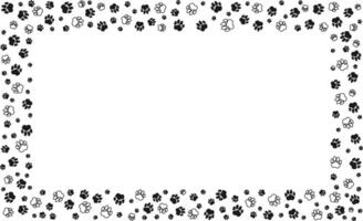Rectangular frame with pet paw prints and bone and red heart with blank space for text. silhouette border of dog or cat paw prints. Pet paw prints frame for decorating shop windows, websites. vector