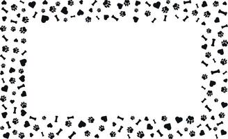 Rectangular frame with pet paw prints and bone and heart with blank space for text. Black silhouette track of dog or cat paw prints. Pet paw prints frame for decorating shop windows, websites. vector