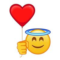 Smiling face with halo above head with red heart baloon Large size of yellow emoji smile vector