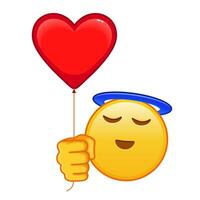 Smiling face with halo above head with red heart baloon Large size of yellow emoji vector