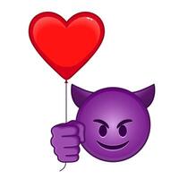 Smiling face with horns with red heart baloon Large size of purple emoji smile vector