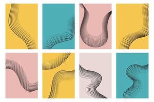 Set of abstract halftone posters. Wavy pop art cards. Dotted textures, small circles, dots wall prints. vector