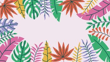 Tropical summer leaves and branches frame in flat style. Palm and Monstera leaf greeting card. Floral background. vector
