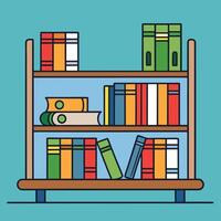 A Colorful Illustration of a Wooden Bookshelf Filled with Many Books of Different Sizes and Colors vector