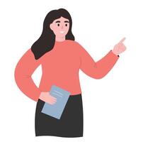 A young woman, the teacher shows with a gesture, explains. flat graphics. vector