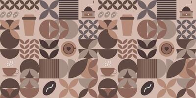 Geometric seamless pattern with coffee design. Modern abstract horizontal banner with coffee, coffee beans, coffee cup. vector