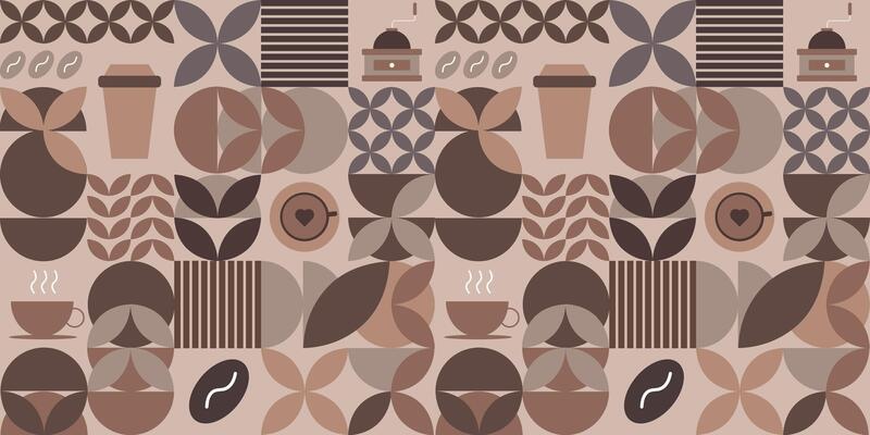 Geometric seamless pattern with coffee design. Modern abstract horizontal banner with coffee, coffee beans, coffee cup.