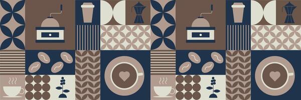 Seamless coffee themed pattern featuring geometric shapes, coffee beans, steaming cups, cezve, and coffee plants in a brown, beige, and navy color scheme. vector