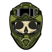 Human skull in green army helmet with glasses front view on white background vector