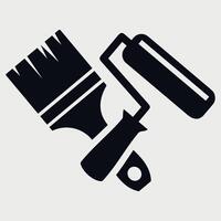 black and white simple icon of paint roller and brush on white background vector