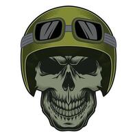 Human skull in green helmet with glasses front view vector
