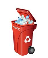 trash container for plastic waste with red garbage on white background vector