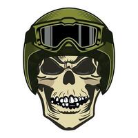 Human skull in green helmet with glasses front view on white background vector
