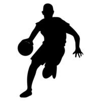 black and white icon of basketball player with ball on white background vector