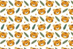 A pattern with tiger faces and leaves vector