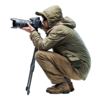 Crouching Photographer in Outdoor Gear Using a Camera on Tripod png