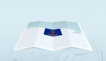 Map of North Dakota with the flag of North Dakota in the contour of the map on a trip abstract backdrop. vector