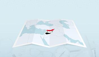 Map of Syria with the flag of Syria in the contour of the map on a trip abstract backdrop. vector