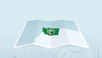 Map of Washington with the flag of Washington in the contour of the map on a trip abstract backdrop. vector