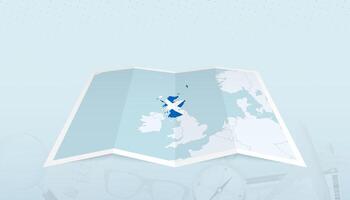 Map of Scotland with the flag of Scotland in the contour of the map on a trip abstract backdrop. vector