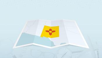 Map of New Mexico with the flag of New Mexico in the contour of the map on a trip abstract backdrop. vector