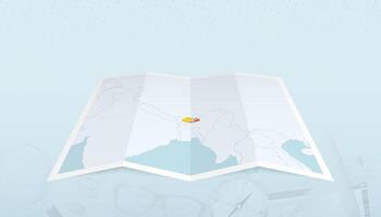 Map of Bhutan with the flag of Bhutan in the contour of the map on a trip abstract backdrop. vector