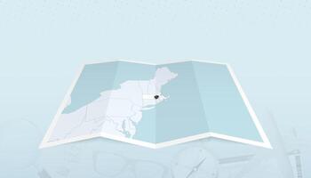 Map of Massachusetts with the flag of Massachusetts in the contour of the map on a trip abstract backdrop. vector