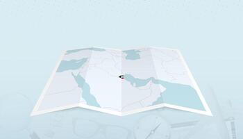 Map of Kuwait with the flag of Kuwait in the contour of the map on a trip abstract backdrop. vector
