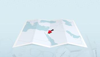 Map of Jordan with the flag of Jordan in the contour of the map on a trip abstract backdrop. vector