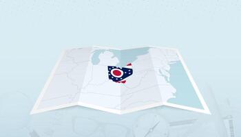 Map of Ohio with the flag of Ohio in the contour of the map on a trip abstract backdrop. vector