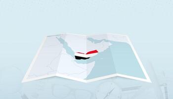 Map of Yemen with the flag of Yemen in the contour of the map on a trip abstract backdrop. vector