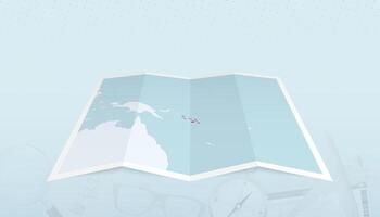 Map of Solomon Islands with the flag of Solomon Islands in the contour of the map on a trip abstract backdrop. vector
