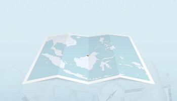Map of Brunei with the flag of Brunei in the contour of the map on a trip abstract backdrop. vector